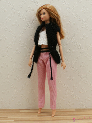 Czarna kamizelka, różowe spodnie, top na ramiączkach dla lalki barbie
