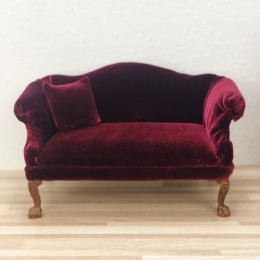 Miniaturowy bordowy fotelik do domku dla lalek, skala 1:6