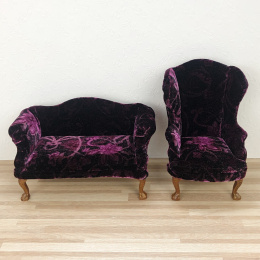 Fioletowy fotel i sofa do domku dla lalek w skali 1:6