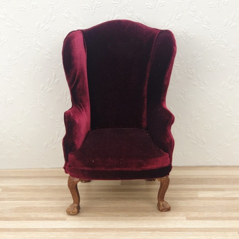 Miniaturowy bordowy fotelik do domku dla lalek, skala 1:6