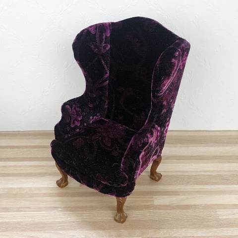 Miniaturowy fotelik do domku dla lalek w skali 1:6, fioletowa wzorzysta aksamitna tkanina
