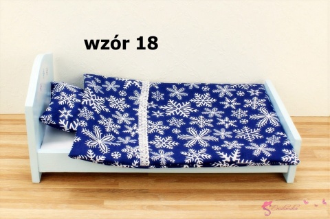 Pościel do łóżeczka dla lalek - śnieżynki na granatowym tle (wzór nr 18)